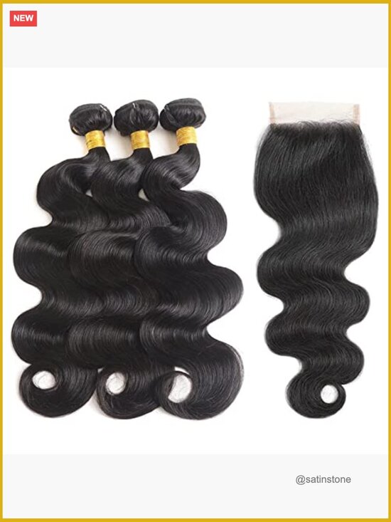 Body Wave Human Hair Bundles 3pcs w/ 4x4 Lace Closure 16in 100% Unprocessed